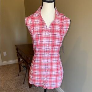 George Pink & Orange Western Plaid Fitted Button Down Shirt with Notched Collar